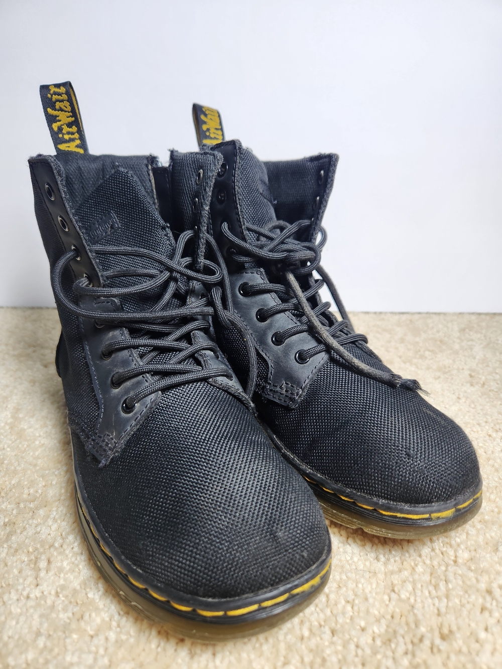Black Men's Lace-Up Canvas Boots with Yellow Stitching